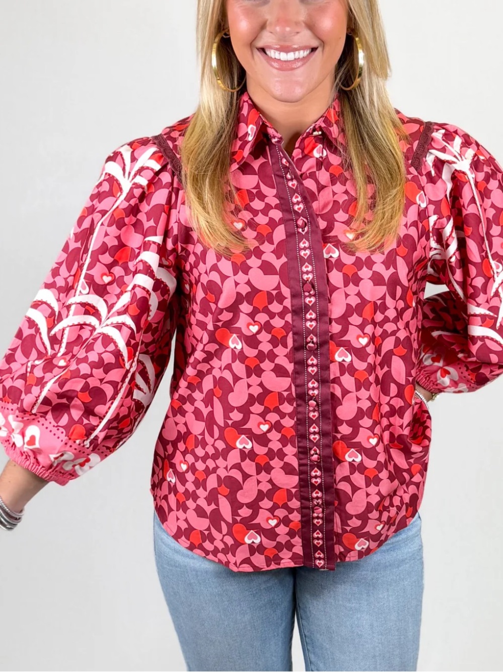 Emily Lovelock Edie Gorgeous Blouse Cranberry Hearts 2XL NWT 100% Cotton $140